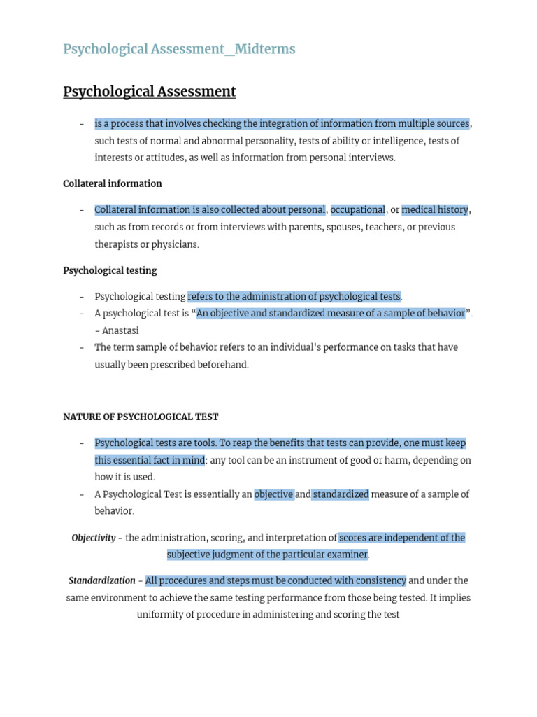 Psychological Assessment Overview Guide | PDF | Psychological Testing ...