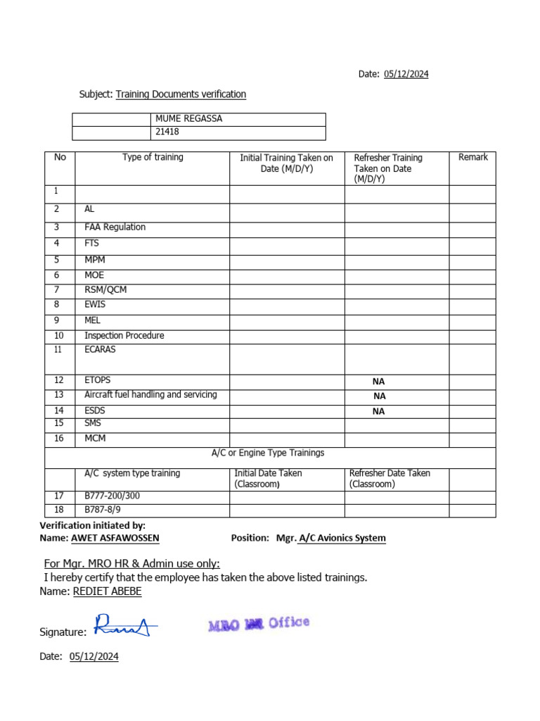 Training Verification for Mume Regassa | PDF | Aerospace | Aircraft