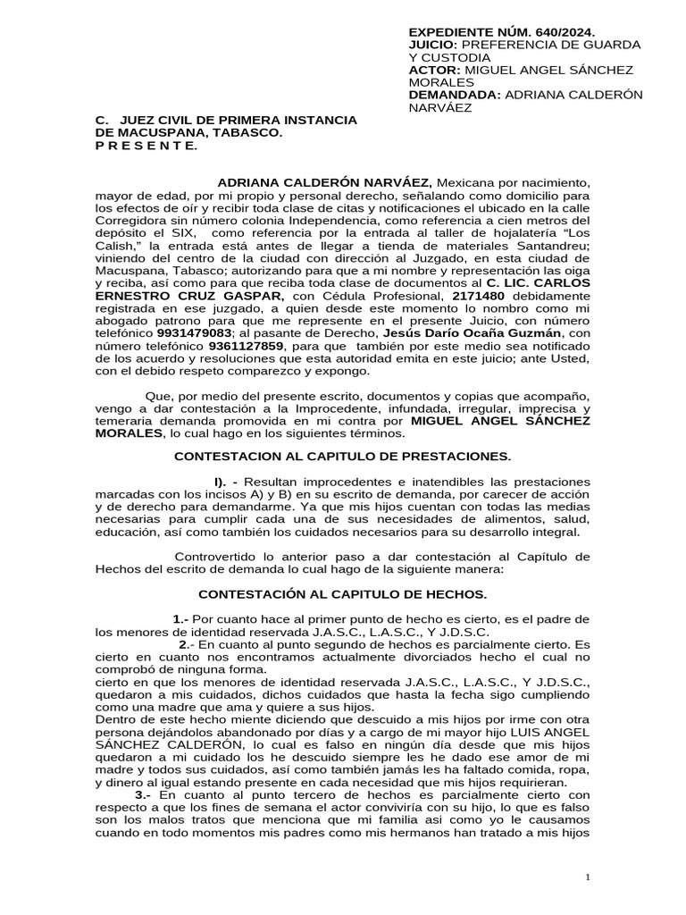 Contestación a Demanda de Custodia | PDF | Demanda judicial