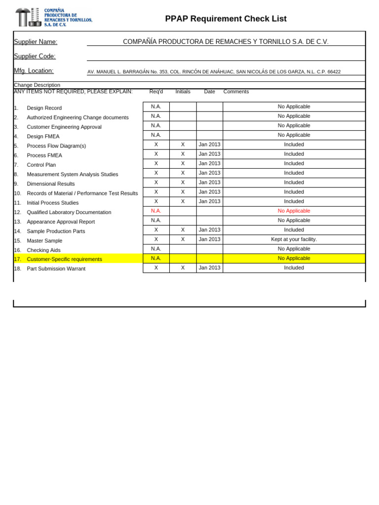 Supplier PPAP Checklist | PDF | Screw