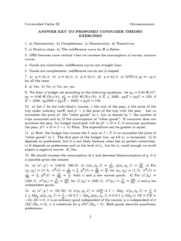 Consumer Theory Exercises Answer Key | PDF | Consumers | Consumer Behaviour
