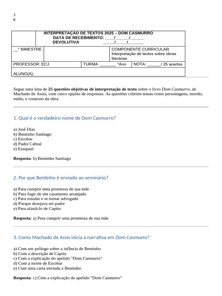 Interpretação de Dom Casmurro: Questões | PDF