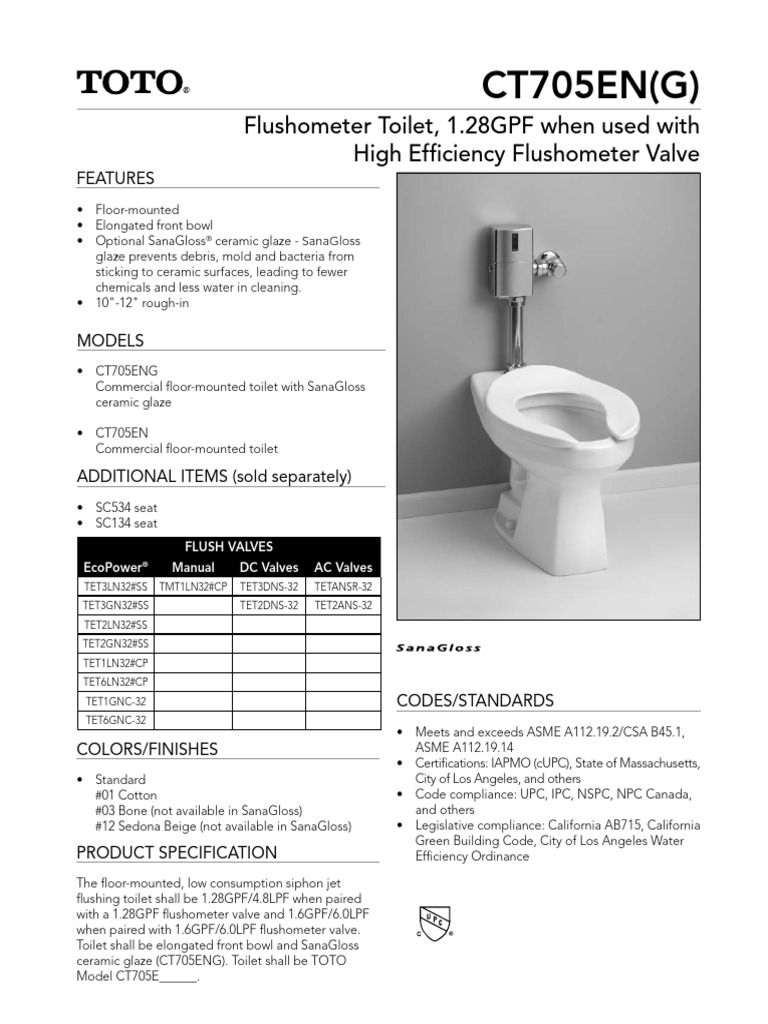 ET - Inodoro A Piso Mod CT705EN - TOTO | PDF | Plumbing