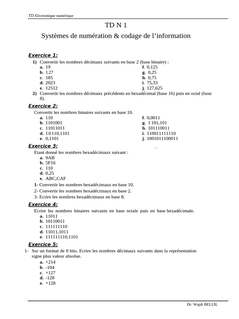 Exercices de conversion numérique et arithmétique | PDF | Théorie du ...