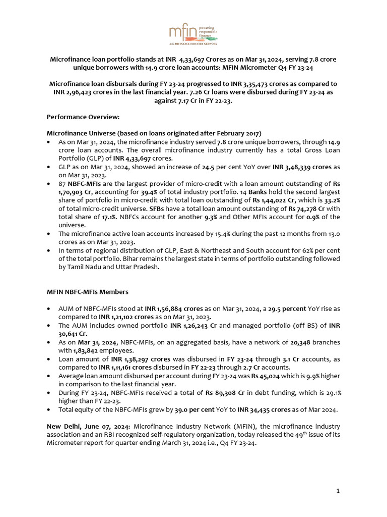 MFIN Micrometer Q4 FY 23-24 Report | PDF | Microfinance | Banking
