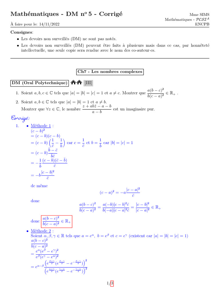 Corrigé DM de Maths - Mme Sims | PDF | Mathématiques | Objets mathématiques