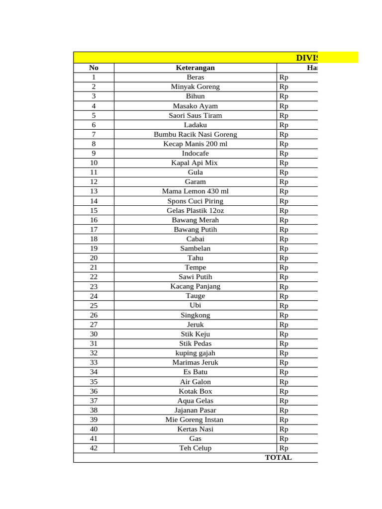 Daftar Harga Divisi Konsumsi dan Acara | PDF