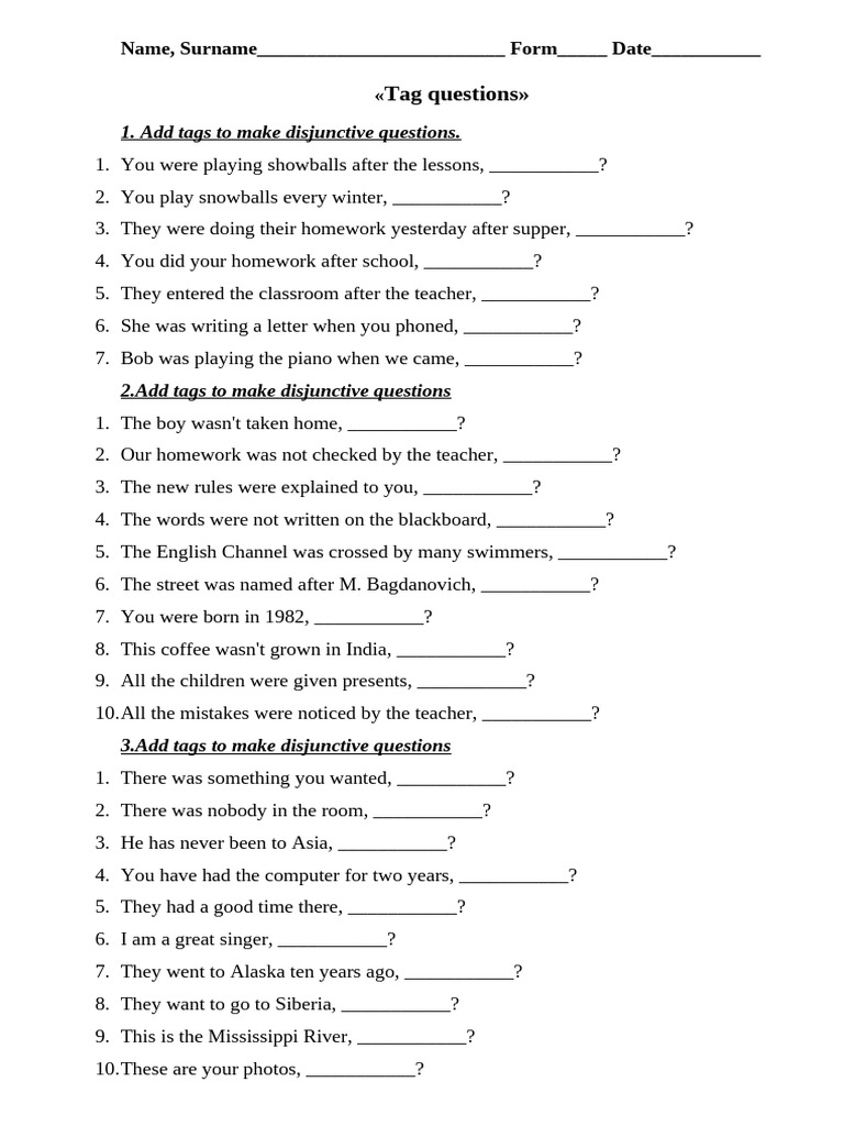 Disjunctive Questions Practice Worksheet | PDF