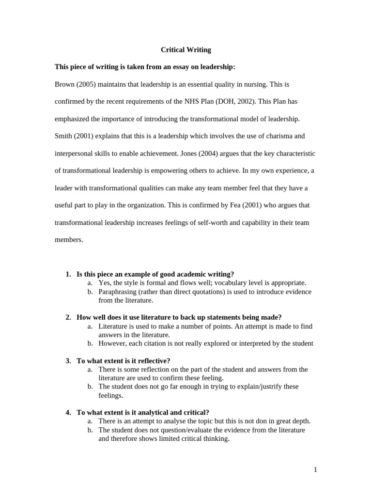 Critical Writing Examples With Analysis | PDF | Leadership ...