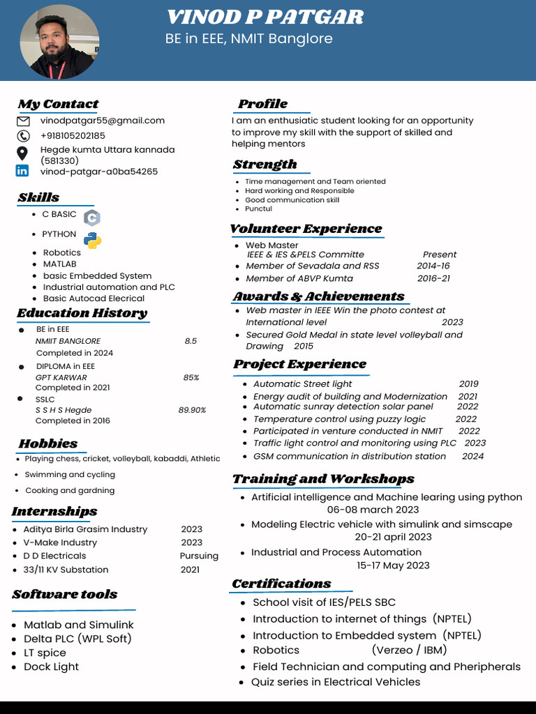 Vinod Patgar's EEE Student Profile | PDF | Engineering | Computer Science
