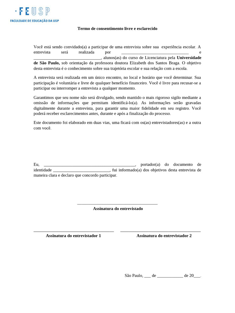 Termo de Consentimento para Entrevista Escolar | PDF