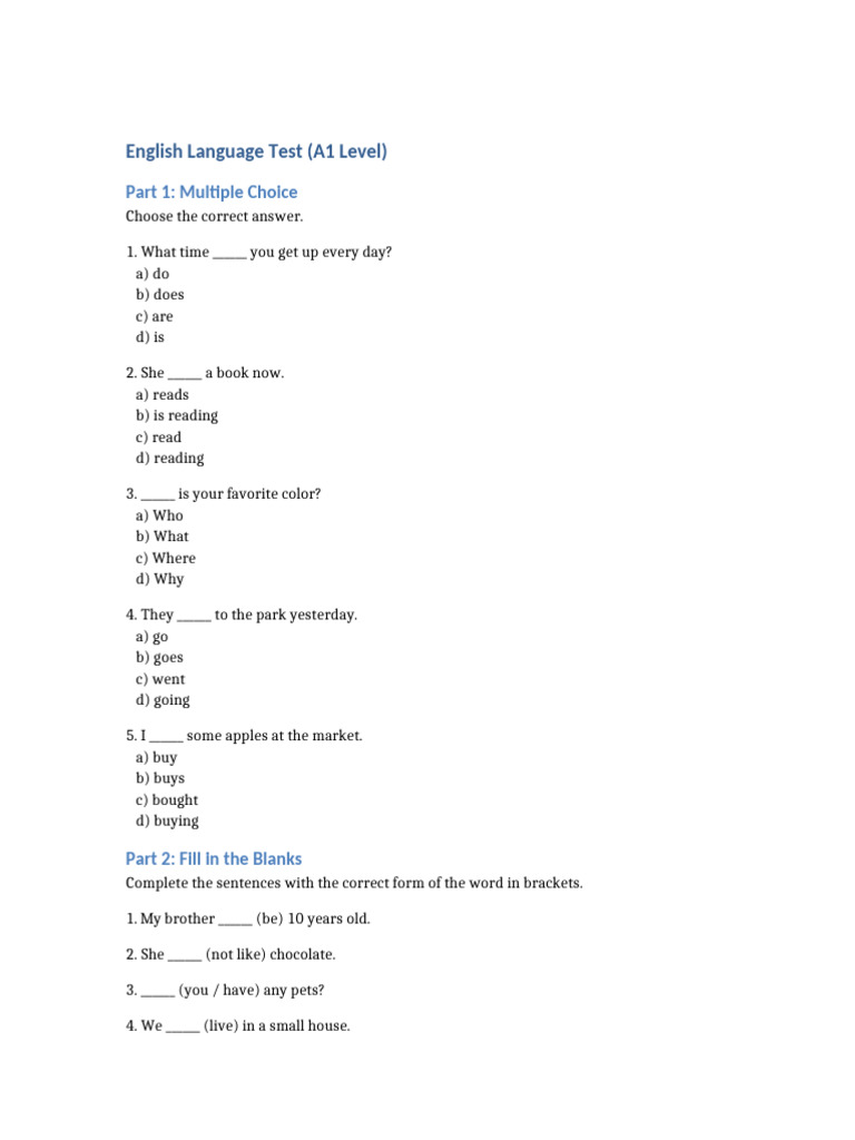 A1 English Language Test Guide | PDF
