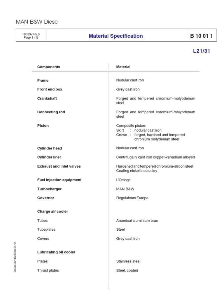 MAN B&W Diesel: Material Specification | PDF