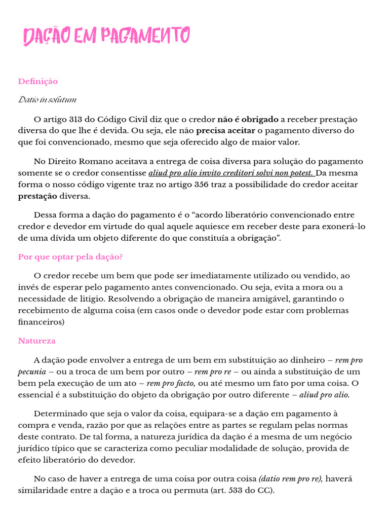 Dação em Pagamento: Conceitos e Requisitos | PDF | Lei das Obrigações ...