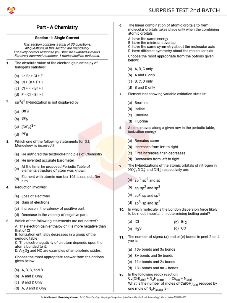 Surprise Test 2nd Batch-Testpaper-1734779009 | PDF | Chemical Bond ...