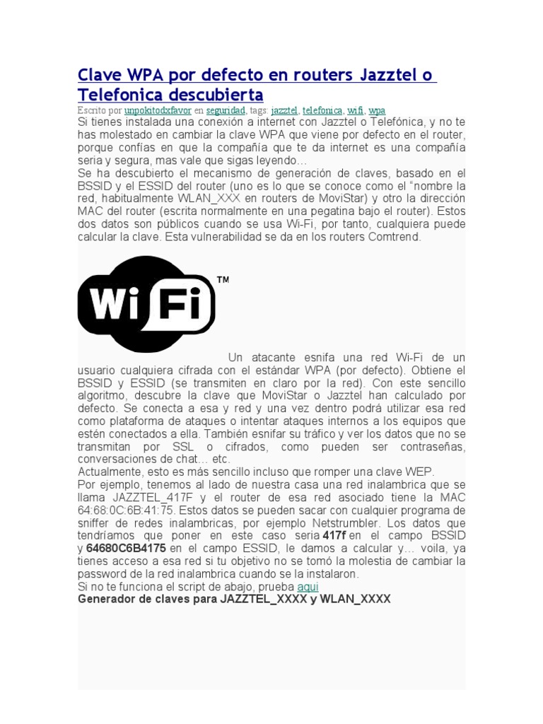 Clave WPA Por Defecto en Routers Jazztel o Telefonica Descubierta PDF