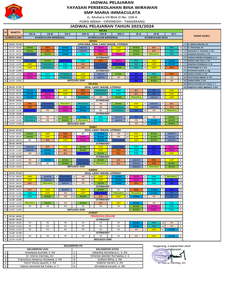 Jadwal Roster Pelajaran 2023/2024 | PDF