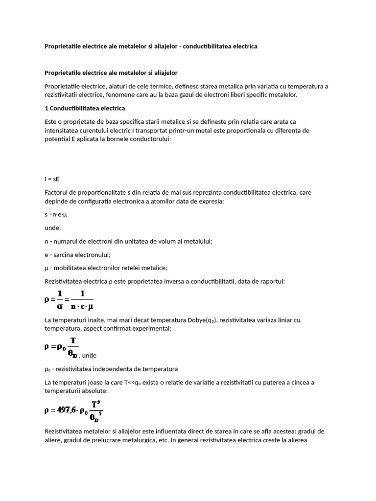 Proprietatile Electrice Ale Metalelor Si Aliajelor | PDF