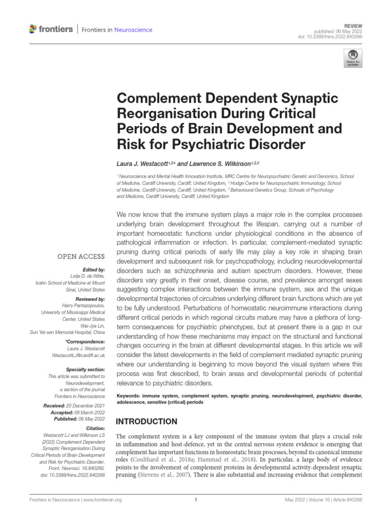 Synaptic Reorganization and Psychiatric Risk | PDF | Complement System ...