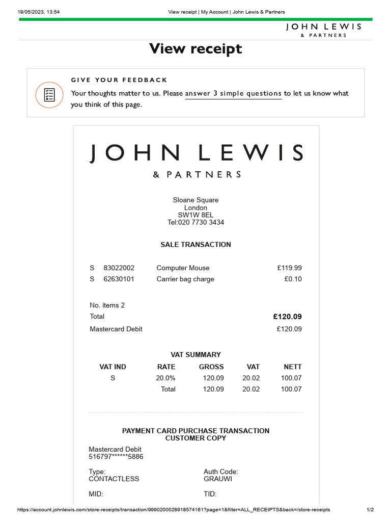 John Lewis Receipt and Invoice Details | PDF | Debit Card | Receipt