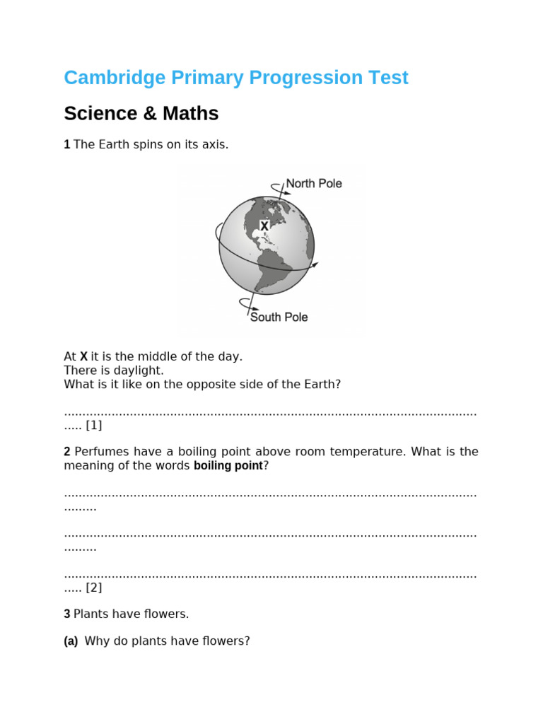 Cambridge Primary Science & Maths Test | PDF | Flowers | Water