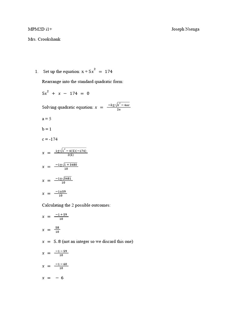 Quadratic Equations Unit Assignment - Joseph Nsenga | PDF | Quadratic ...