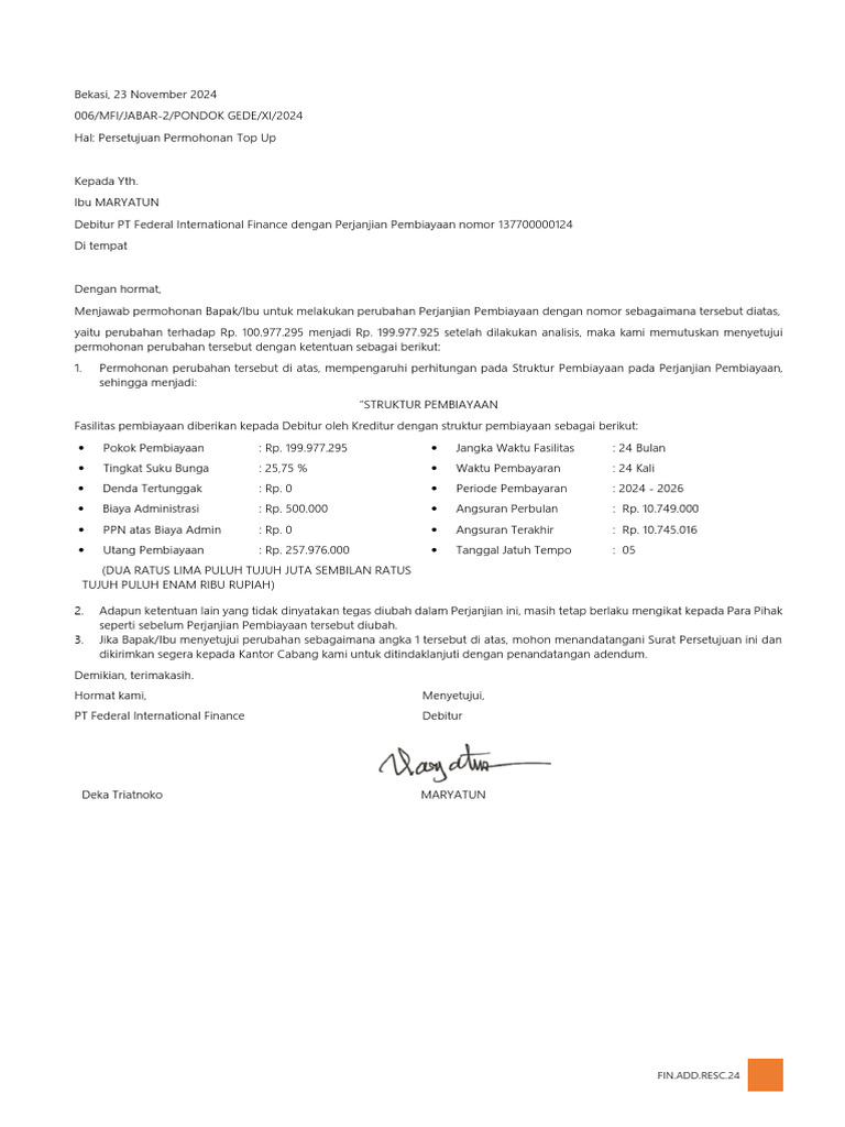 Persetujuan Top Up Pembiayaan PT FIF | PDF