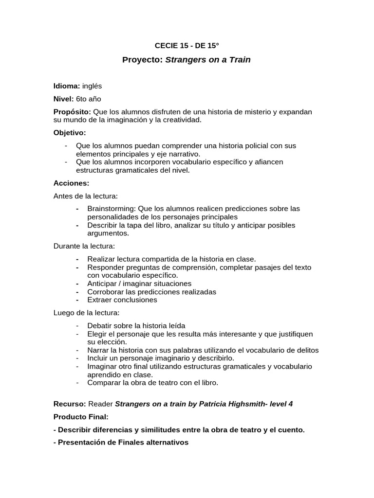 Proyecto de Lectura: Strangers on a Train | PDF