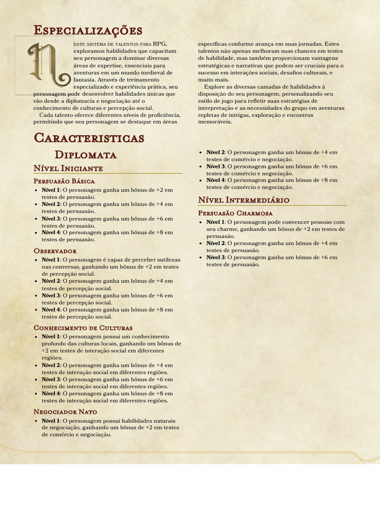 Habilidades de RPG: Especializações e Talentos | PDF | Alimentos ...