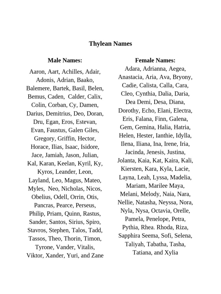 Unique Thylean Names List | PDF