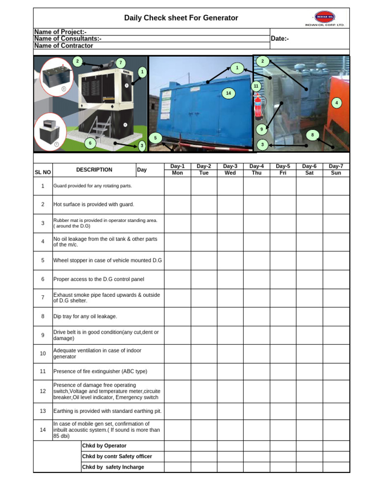 Generator Daily Safety Checklist | PDF | Manufactured Goods