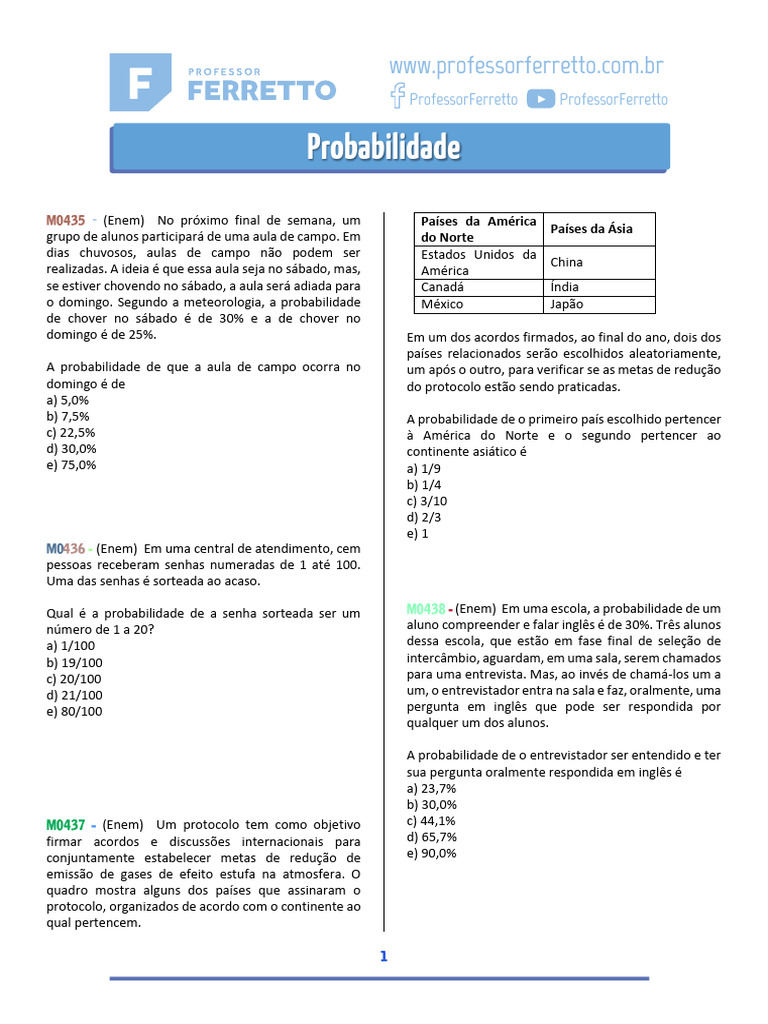 Probabilidades em Questões do ENEM | PDF | Probabilidade