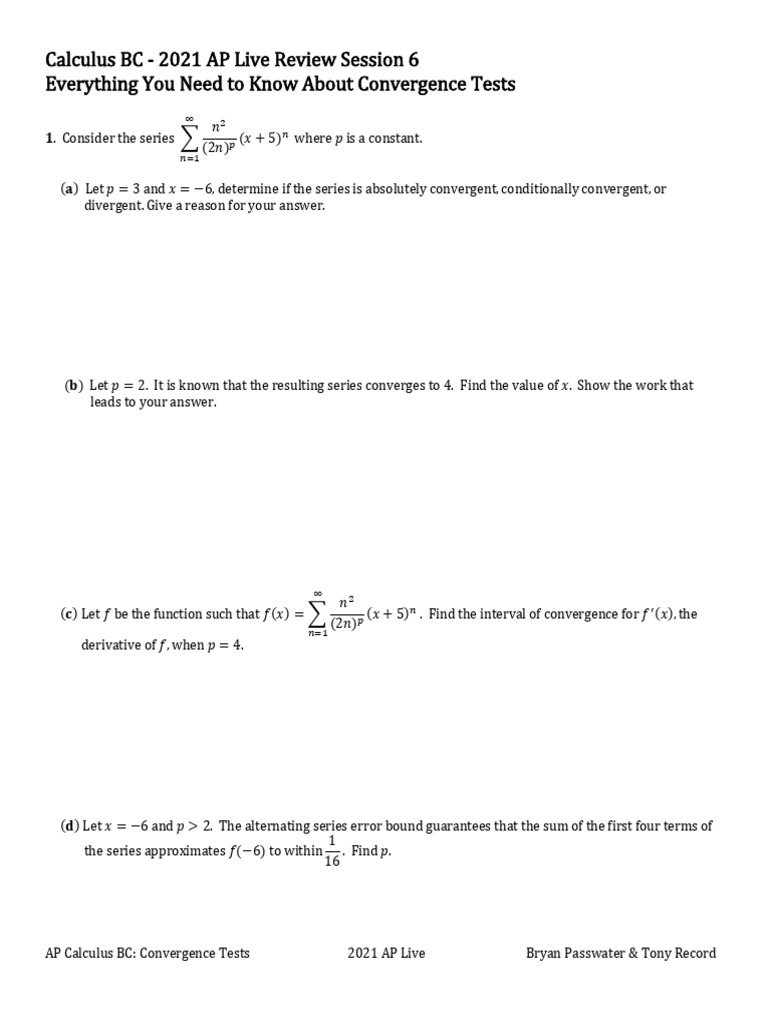AP Calculus BC Convergence Tests Guide | PDF | Complex Analysis ...