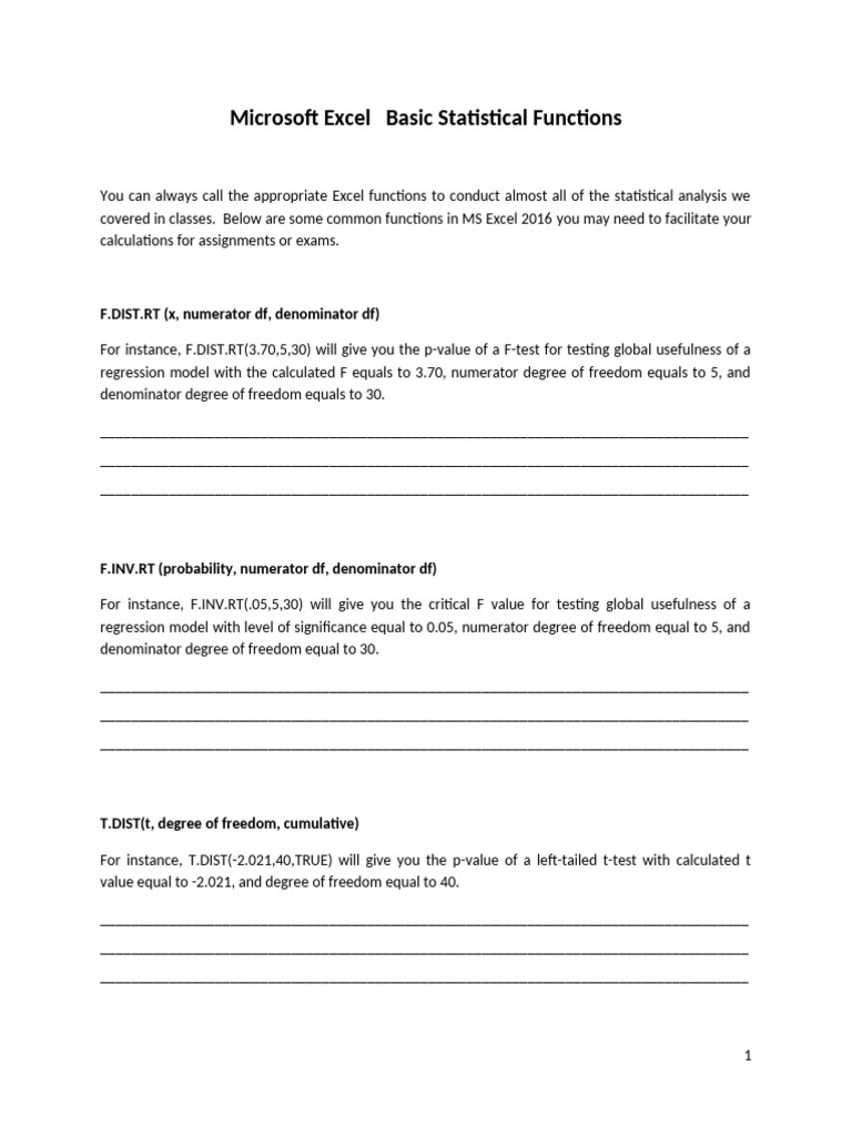 0 Statistical Functions in MS Excel | PDF | P Value | Student's T Test