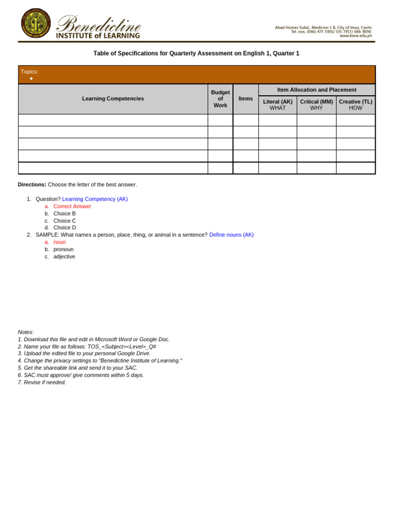 English 1 Quarterly Assessment TOS | PDF