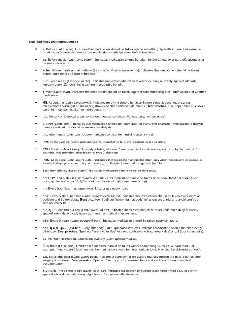Medication Time and Frequency Abbreviations | PDF | Medical ...