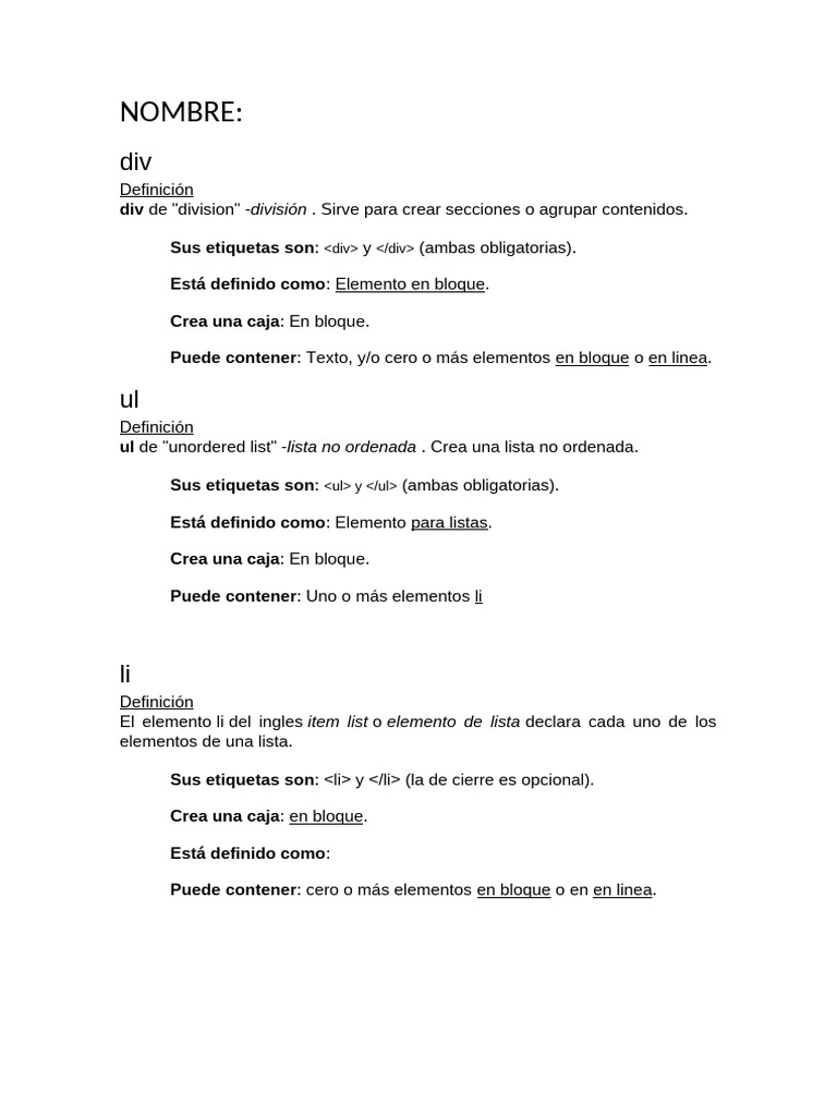 Elementos HTML: div, ul, li y nav | PDF | HTML | Desarrollo web