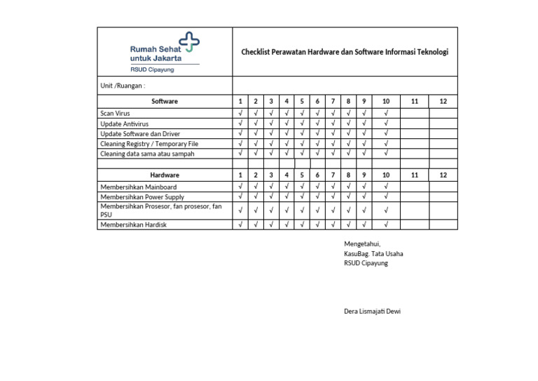 Checklist Perawatan Hardware Dan Software Informasi Teknologi | PDF