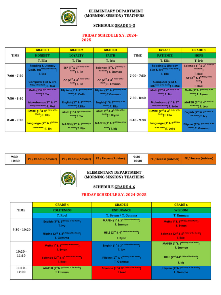 Friday Class Schedule 2024-2025 | PDF | Science