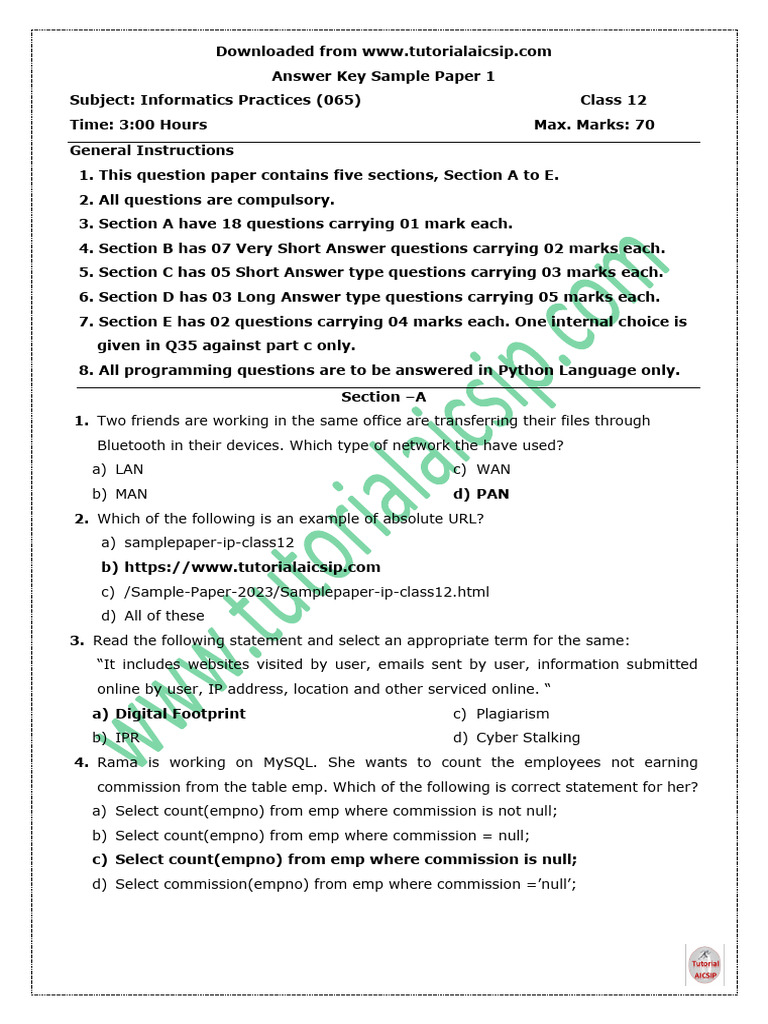Class 12 Informatics Practices Answer Key | PDF | Spreadsheet ...