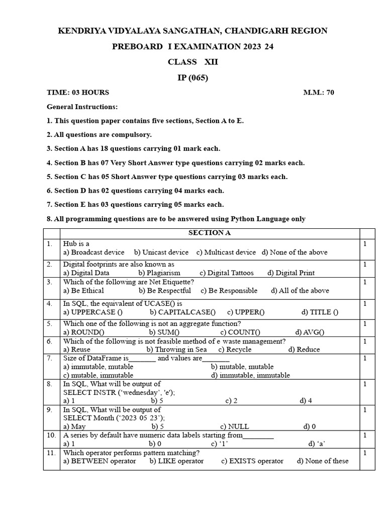 Xii Ip CHD QP PB1 | PDF | Sql | Computing