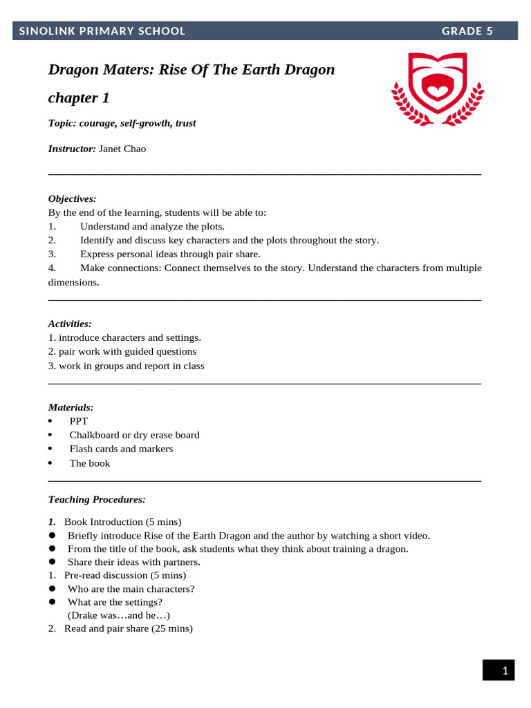 Grade 5 Lesson Plan: Earth Dragon | PDF