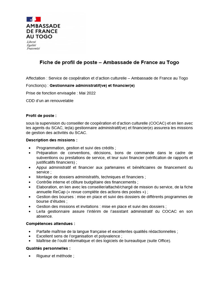 Fiche de poste : Gestionnaire administratif | PDF