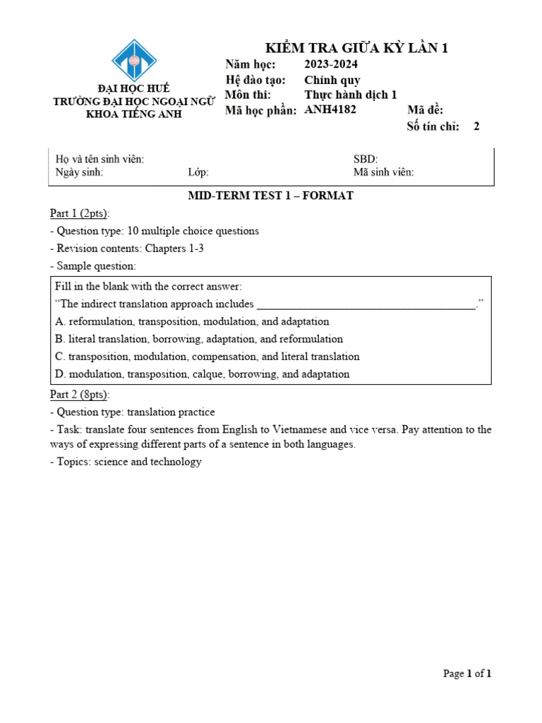 Translation Midterm for English Majors | PDF