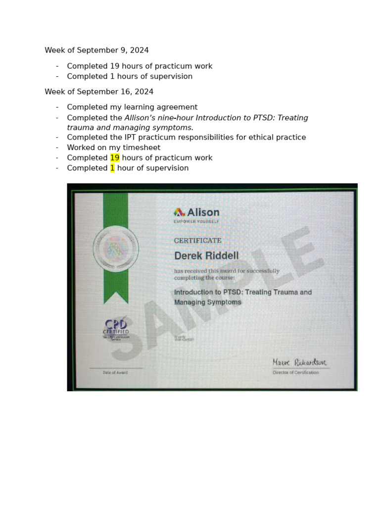 Practicum Weekly Tasks | PDF