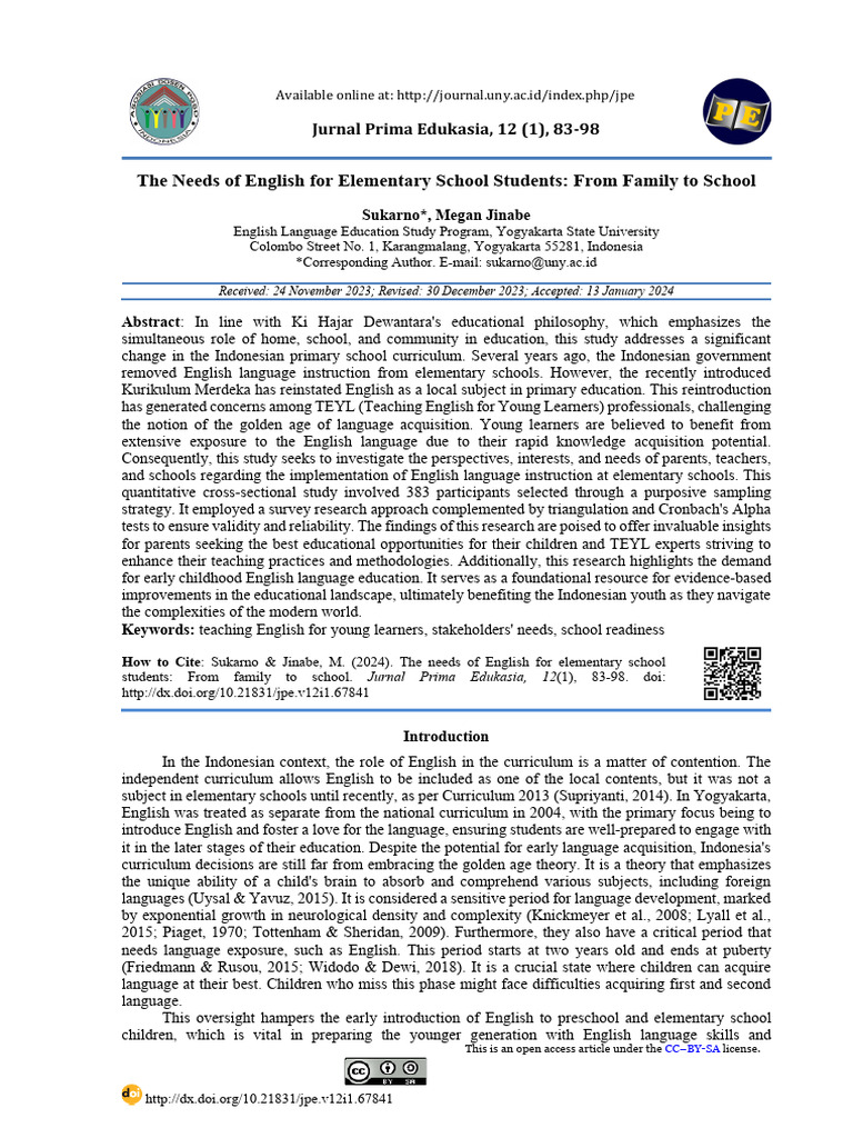 The Needs of English For Elementary School Students | PDF | Second ...