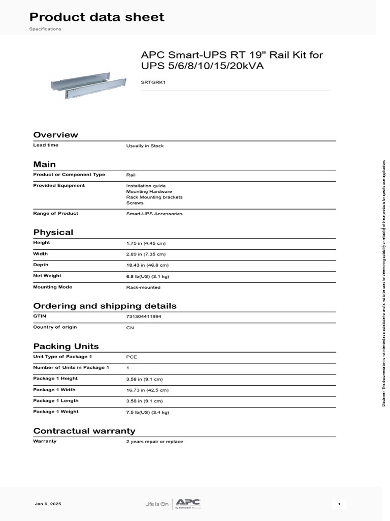 APC Smart-UPS RT Rail Kit - Montageschienen Für 5K/6K/8K/10K/15K/20KVA USV Systeme