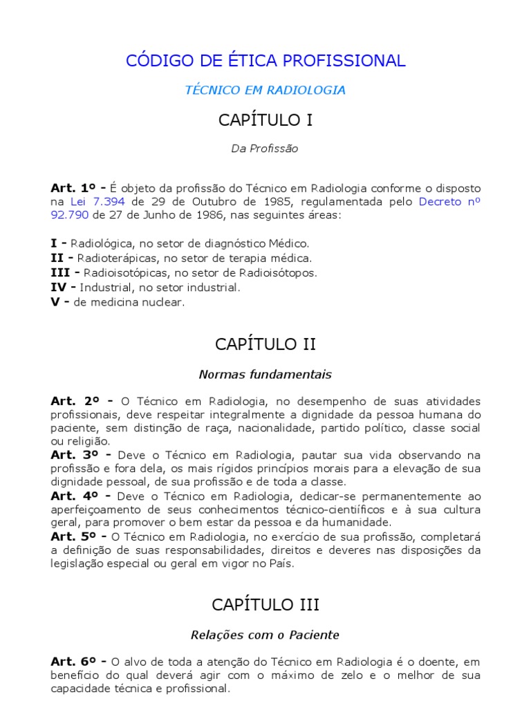 CÓDIGO DE ÉTICA PROFISSIONAL Radiologia Remédio