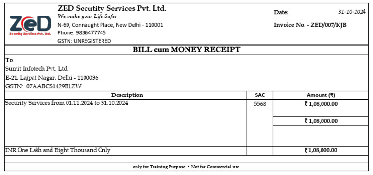 Invoice for Security Services Training | PDF