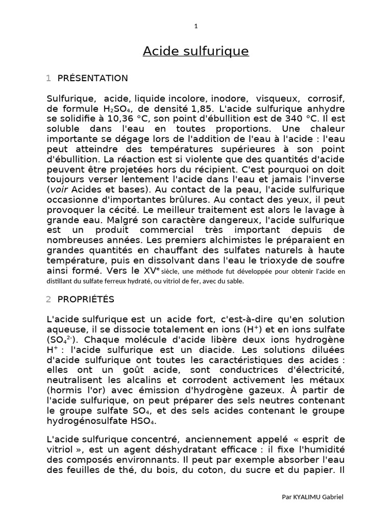 Propriétés et synthèse de l'acide sulfurique PDF Acide sulfurique — free download